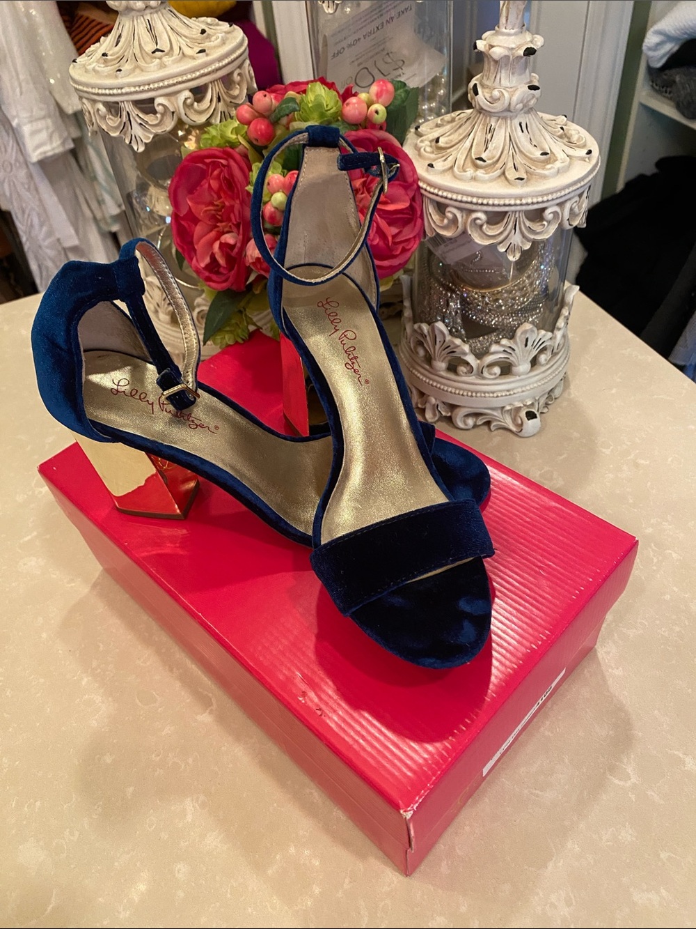Beautiful Lilly Pulitzer navy velvet sandals